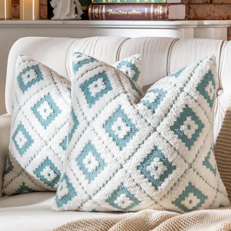 AmHoo Pack of 2 Decorative Throw Pillow Covers Rhomboid Luxury Super Soft Plush Set Case Cushion for Couch Sofa Bedroom 20 x 20-Inch Porcelain Blue - Image 1