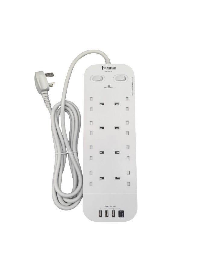 StarTech 8-Outlet Extension Cord with 2-Switch and 3-USB White 45 x 6.5 x 22 cm HN6090 - Image 1