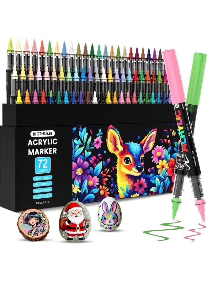 BIGTHUMB 72 Colors Acrylic Paint Pens Markers, Brush Tip Automatic Ink Control Paint Markers for Rock Painting, Ceramic, Wood, Plastic, Canvas, Glass, Card Making, DIY Crafts & Art Supplie - Image 1