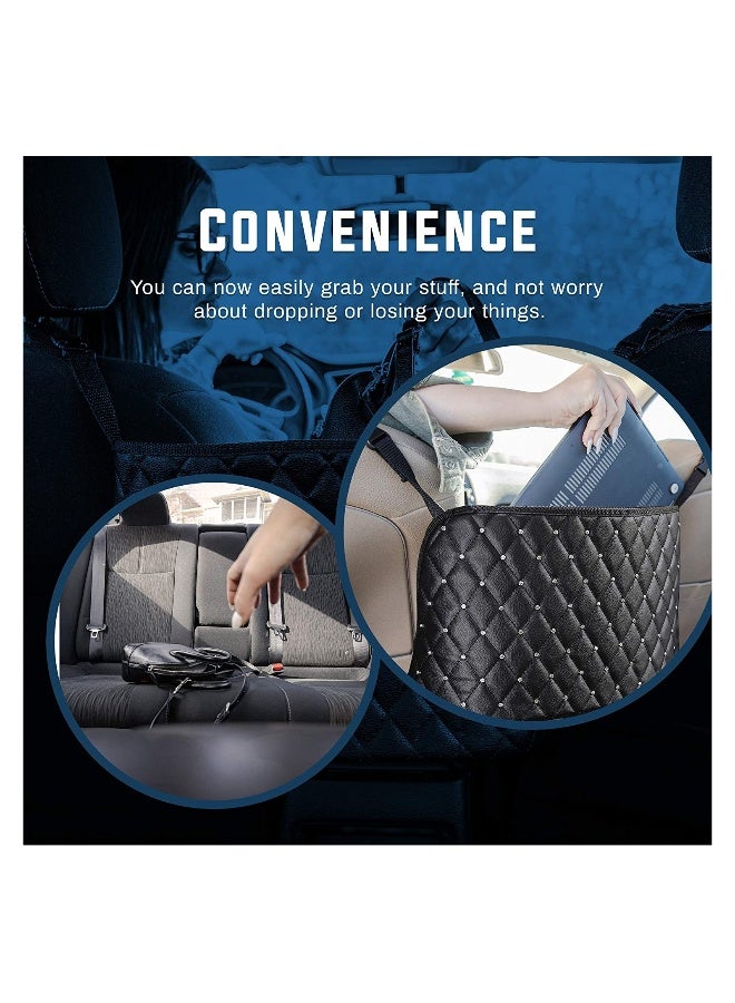 Car Seat Storage Organizer and Handbag Holder, Car Purse Handbag Holder Between Seats, Barrier For Backseat Pets Kids, Organizers Net Pocket for Front Seat, Car Accessory for Women (Black+Diamond) - Image 3