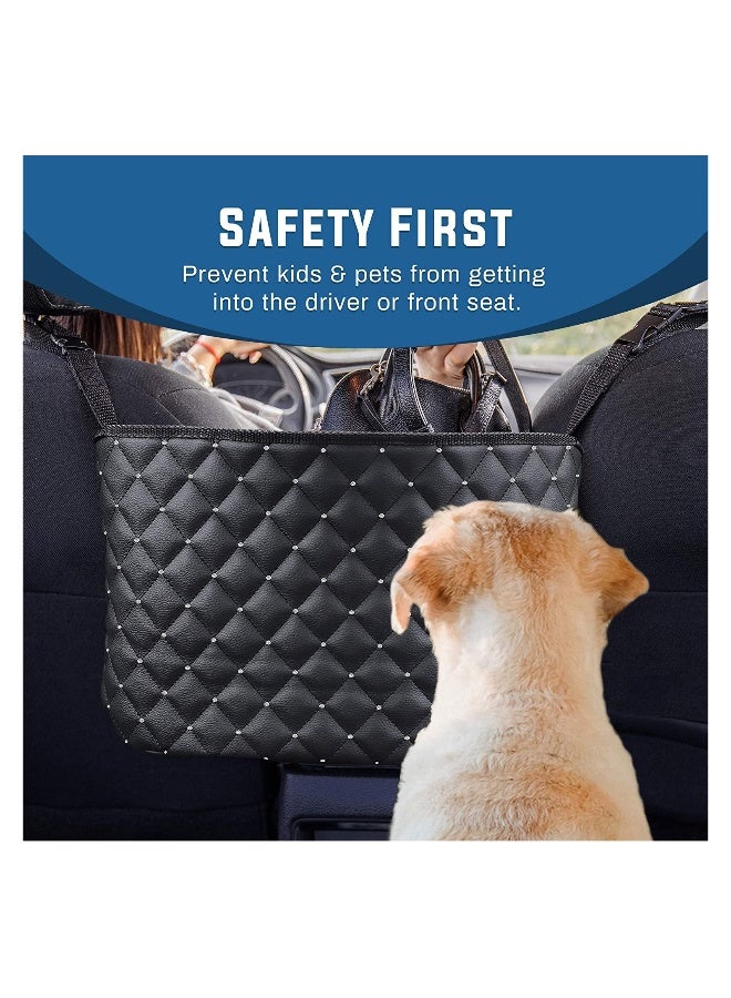 Car Seat Storage Organizer and Handbag Holder, Car Purse Handbag Holder Between Seats, Barrier For Backseat Pets Kids, Organizers Net Pocket for Front Seat, Car Accessory for Women (Black+Diamond) - Image 2