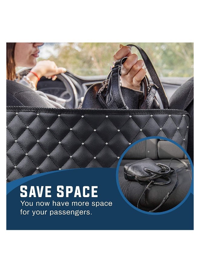 Car Seat Storage Organizer and Handbag Holder, Car Purse Handbag Holder Between Seats, Barrier For Backseat Pets Kids, Organizers Net Pocket for Front Seat, Car Accessory for Women (Black+Diamond) - Image 4