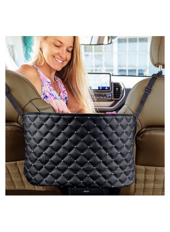 Car Seat Storage Organizer and Handbag Holder, Car Purse Handbag Holder Between Seats, Barrier For Backseat Pets Kids, Organizers Net Pocket for Front Seat, Car Accessory for Women (Black+Diamond) - Image 1
