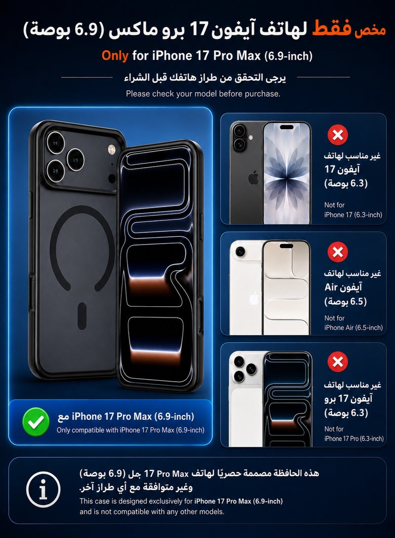 ORYXA iPhone 17 Pro Max Case, 2 IN 1 Magnetic Phone Cover + Screen Protector, For iPhone 17 Pro Max, Compatible with MagSafe, Translucent Matte Shockproof Cover, Slim Full Protection, Black - Image 2