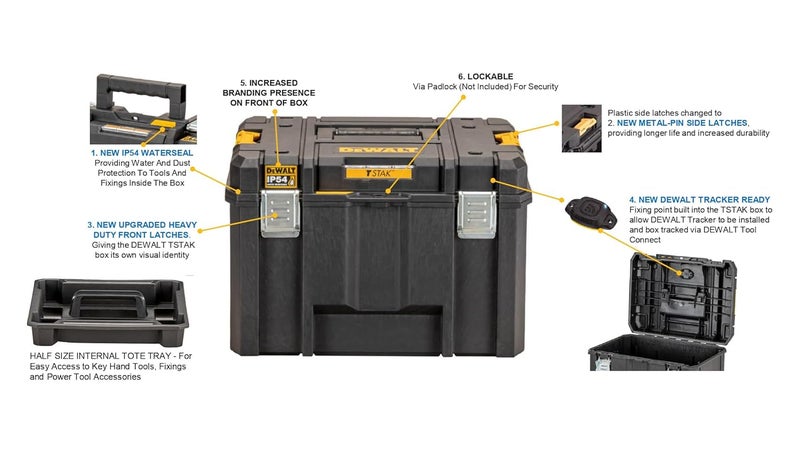 DEWALT DEWALT DWST833461 TSTAK HeavyDuty Portable Plastic Deep Box With Removable Half Size Internal Tote Tray IP54 Rated Waterseal 30 Kg Weight Capacity Metal Latches 44x332x302 cm  - Image 5