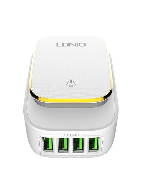 Ldnio A4405 Charging Adapter Containing Touch Lamp With 4 USB-A Ports And Micro Cable Provided With Quick Charge Technology For Different Types Of DevMulticolours 22 Watt - White