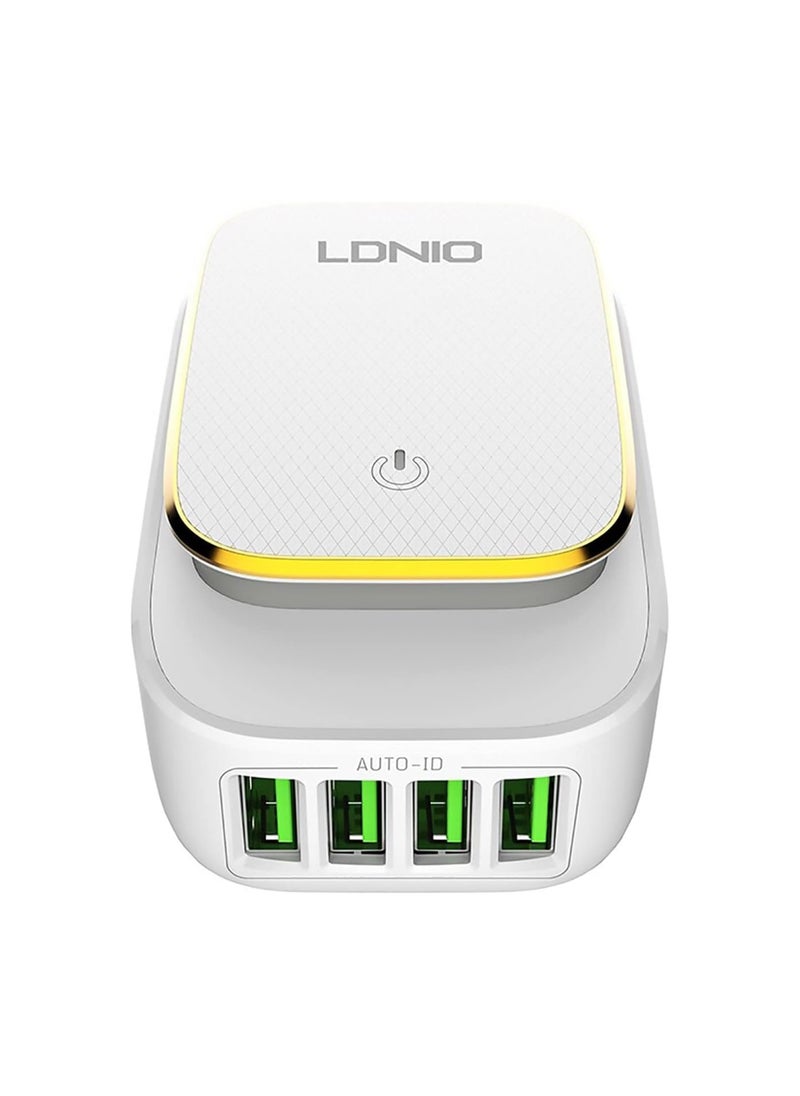 LDNIO - Ldnio A4405 Charging Adapter Containing Touch Lamp With 4 USB-A Ports And Micro Cable Provided With Quick Charge Technology For Different Types Of DevMulticolours 22 Watt - White - Image 1