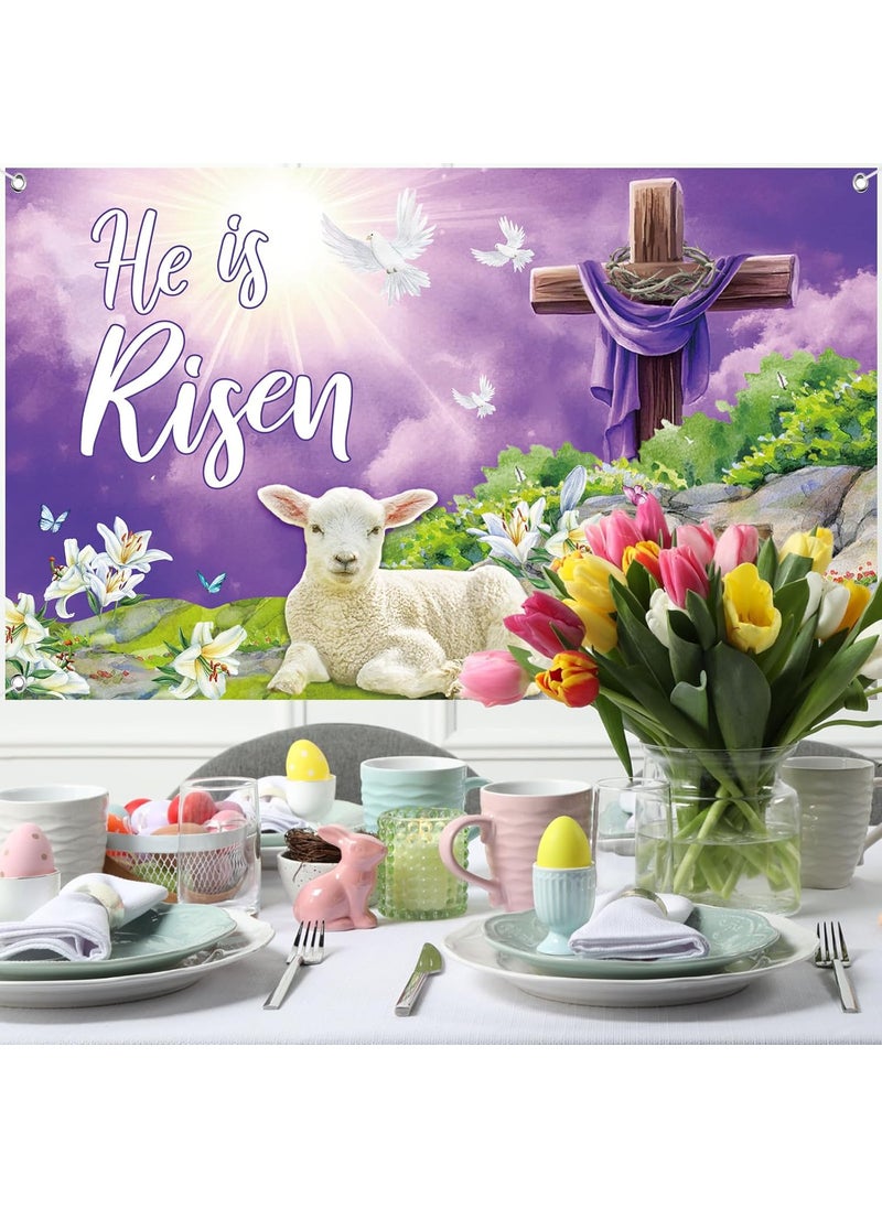 Moukeren Moukeren Easter Banners for Church He Is Risen Backdrop Decoration 6 x 36 ft Jesus Cross Christian Photography Background for Religious Photo Booth Church Party Decor  - Image 4