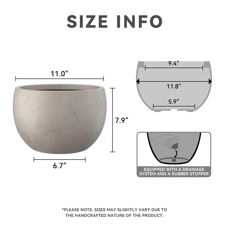 Kante 11.8" Dia Round Concrete Planter, Outdoor/Indoor Large Bowl Plant Pots with Drainage Hole and Rubber Plug for Garden Patio Balcony Home, Weathered Concrete - Image 2