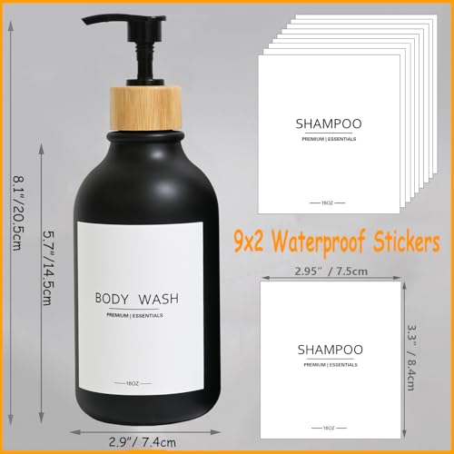 Gails Willing Frosted Plastic Shampoo and Conditioner Bottles, Apothecary Dispenser Bamboo Pump, Refillable Bottles for Shower Lotion, Oil, Hand Soap, Sanitizer, Liquid Soap, Set of 3 with 9 Labels (6, Matte Black) - Image 4