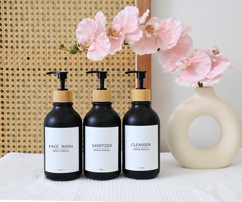 Gails Willing Frosted Plastic Shampoo and Conditioner Bottles, Apothecary Dispenser Bamboo Pump, Refillable Bottles for Shower Lotion, Oil, Hand Soap, Sanitizer, Liquid Soap, Set of 3 with 9 Labels (6, Matte Black) - Image 3