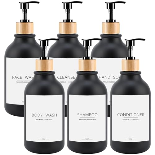 Gails Willing Frosted Plastic Shampoo and Conditioner Bottles, Apothecary Dispenser Bamboo Pump, Refillable Bottles for Shower Lotion, Oil, Hand Soap, Sanitizer, Liquid Soap, Set of 3 with 9 Labels (6, Matte Black) - Image 1