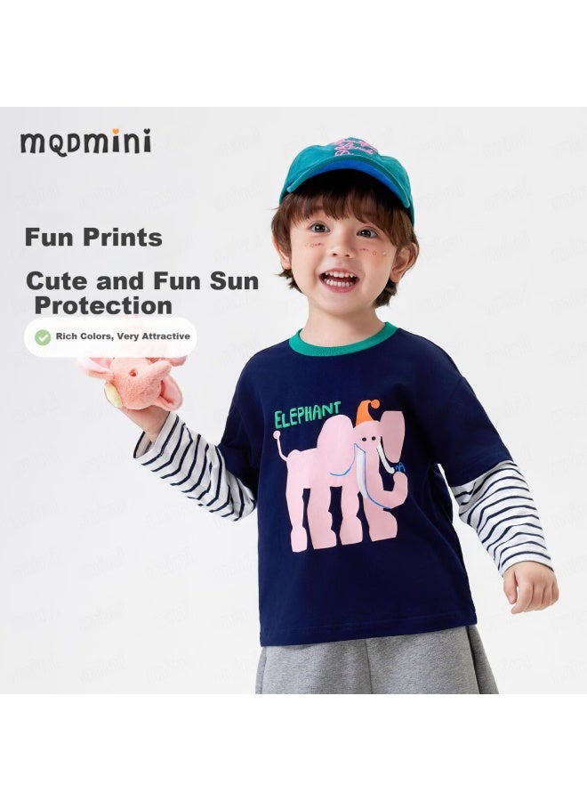 MQDMINI تي شيرت طويل الأكمام للأولاد 5A مضاد للبكتيريا تي شيرت مخطط مزيف من قطعتين للأولاد للأطفال الصغار والمتوسطين - Image 3