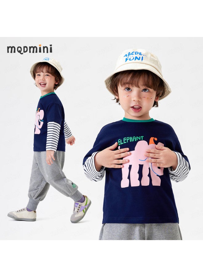 MQDMINI تي شيرت طويل الأكمام للأولاد 5A مضاد للبكتيريا تي شيرت مخطط مزيف من قطعتين للأولاد للأطفال الصغار والمتوسطين - Image 2