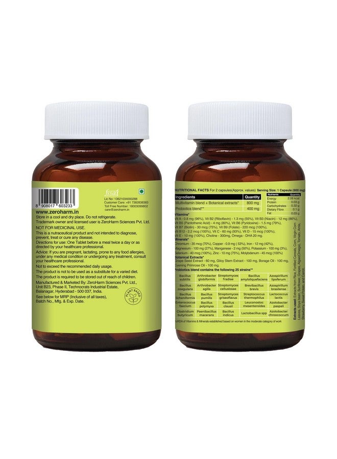 ZEROHARM Multivitamin + Probiotics for Men & Women - Plant-Based Daily Supplement with 25 Probiotic Strains - Boosts Immunity, Energy & Digestion - Whole Food Vitamins & Minerals - 60 Veg Capsules - Image 2