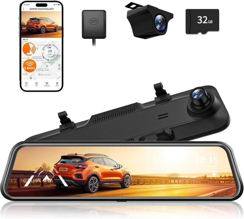WOLFBOX G840H Mirror Dash Cam with GPS and 32GB Card - Image 1