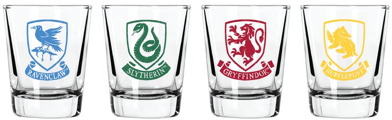 Harry Potter Shot Glass Set 2 oz Capacity Set of 4 Glasses Gryffindor Slytherin Hufflepuff Ravenclaw
