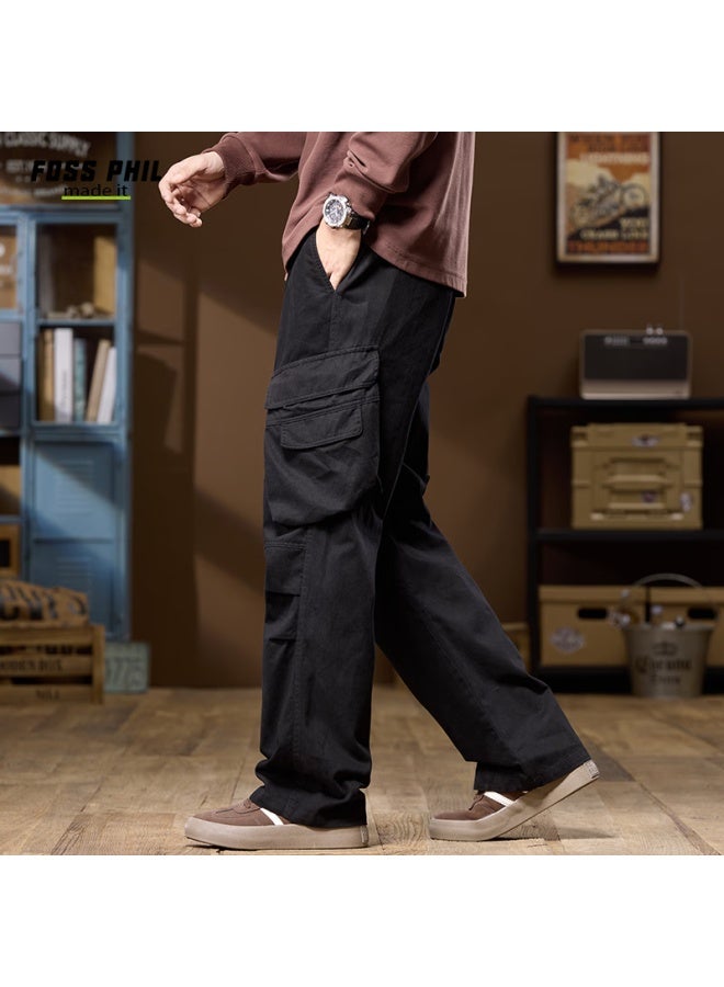Foss Phil American-style Paratrooper Cargo Pants For Men, Spring And Summer Casual Pure Cotton Outdoor Loose Straight-leg Trousers, Fpk38 Black XL - Image 1