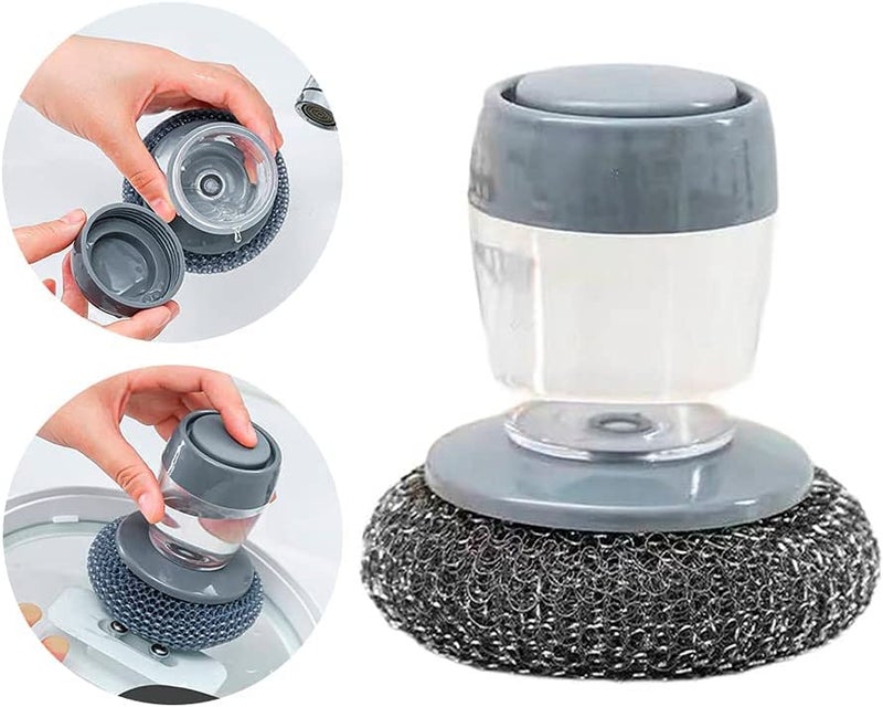 MALL Sky MALL Steel/PET Dish Scrubber, Soap Dispensing Palm Brush, Non-Scratch PET Brush with Soap Dispenser Set, Scouring Pad Pot Scrubber Metal Sponge Household Kitchen Utensil Cleaning Brush (1) - Image 2