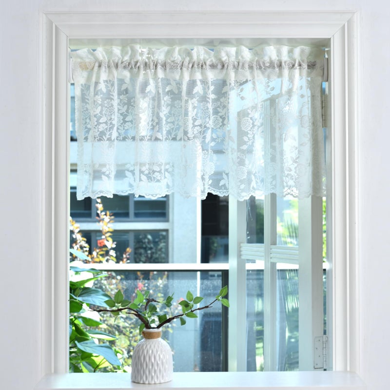 FINECITY Lace Valances for Windows Over Sink, Rustic Leaf Floral Scalloped Bottom Sheer Kitchen Valance Curtain 18 Inch Length, Rod Pocket Privacy Short Lace Valance, 52 x 18 Inch, 1 Panel, Ivory - Image 2