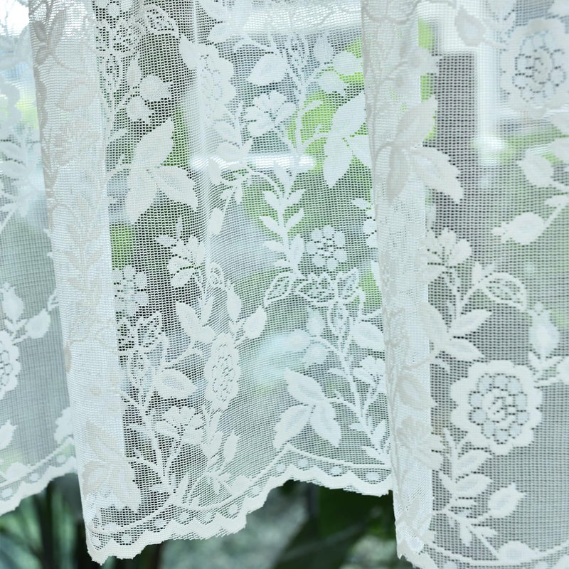 FINECITY Lace Valances for Windows Over Sink, Rustic Leaf Floral Scalloped Bottom Sheer Kitchen Valance Curtain 18 Inch Length, Rod Pocket Privacy Short Lace Valance, 52 x 18 Inch, 1 Panel, Ivory - Image 5