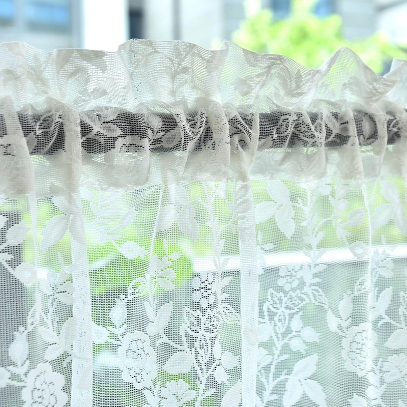 FINECITY Lace Valances for Windows Over Sink, Rustic Leaf Floral Scalloped Bottom Sheer Kitchen Valance Curtain 18 Inch Length, Rod Pocket Privacy Short Lace Valance, 52 x 18 Inch, 1 Panel, Ivory - Image 4