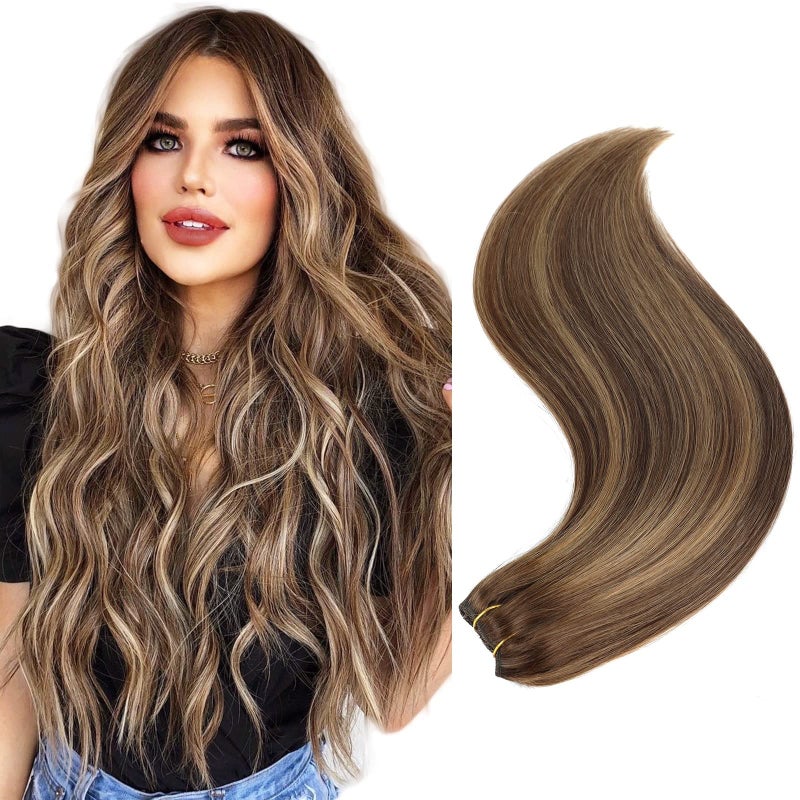 BHF HAIR 18 Clip in Remy Human Hair Extensions Chocolate Brown to Caramel Blonde Balayage Human Hair Extensions Double Weft Thickness to Ends 100 Human Hair Extensions for Women 6 Pieces 70g  245oz