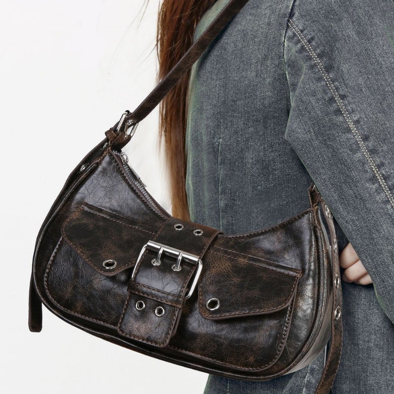 Women'S Vintage Y2G Motorcycle Punk Maillard Waste Soil Wind Multi-Pocket Decorative Artificial Oil Wax Burst Leather - Image 1