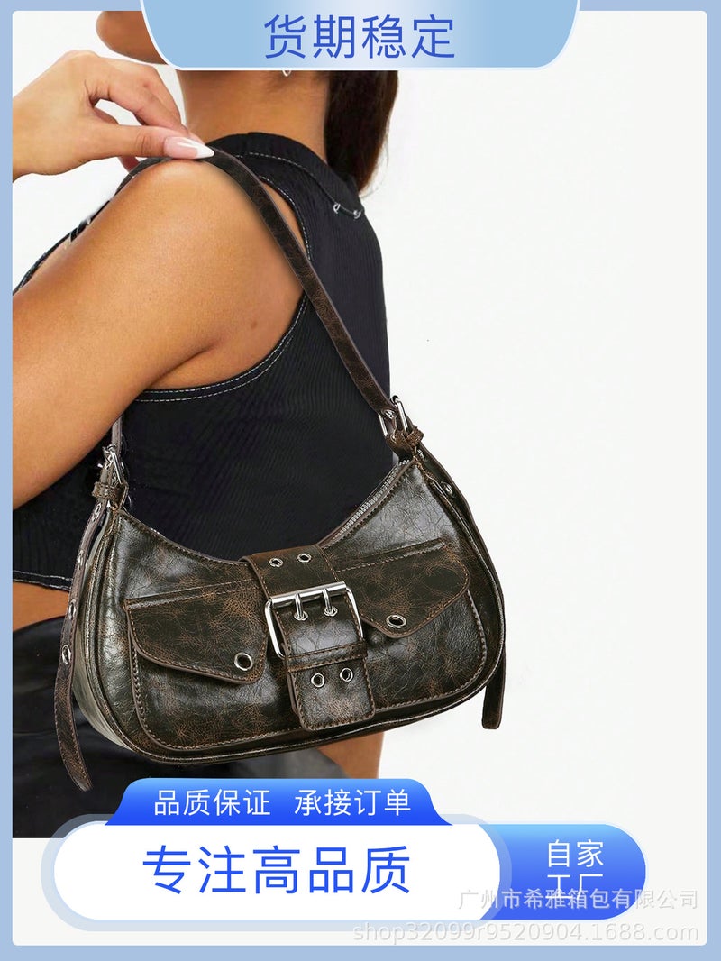 Women'S Vintage Y2G Motorcycle Punk Maillard Waste Soil Wind Multi-Pocket Decorative Artificial Oil Wax Burst Leather - Image 2