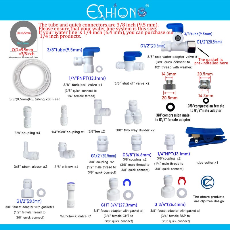 ESHIONG NSF Certified 3/8" O.D. Push to Connect Fittings for RO (Reverse Osmosis) Water Filter 30 pcs+30 feet 3/8" Water tubing. - Image 2