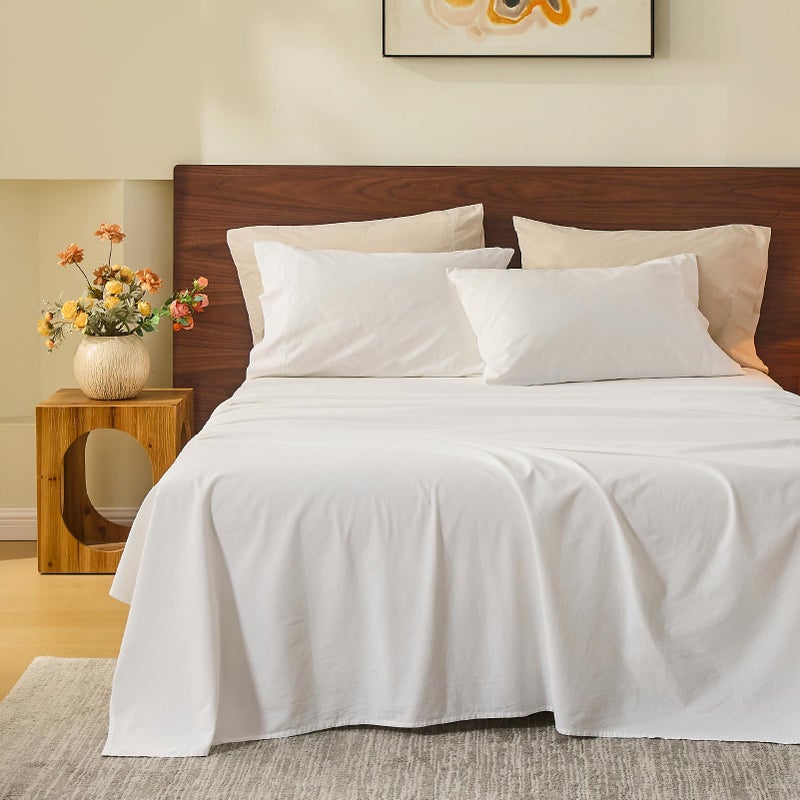 MEISHANG 100% French Pure Linen Sheets Queen Size - Bed Sheets 4 Piece Sets, Soft Durable Flax Linen, Anti-Tear Breathable Oeko-Tex Certified with 16" Deep Pocket (White) - Image 1