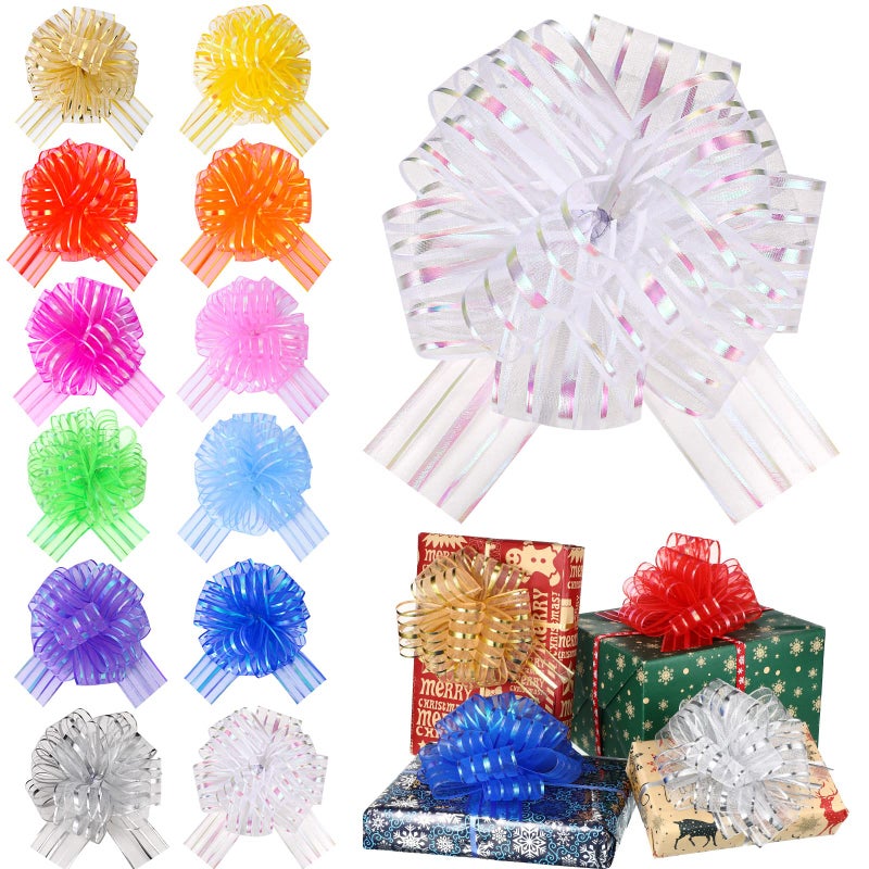 Poen 24 Pcs Christmas Pull Bows for Gift Wrapping Large 6 Inch Organza Crafts Bows for Present Wrapping with Ribbon for Gift Baskets Wedding ValentineMulticolor