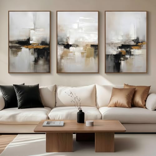 Zessonic Abstract Neutral Wall Art Black and Brown Grunge Framed Mid Century Modern Wabi Sabi Textured Canvas Painting Artwork for Living Room Bedroom Office- 3 Panels, 16x24 Inch, Ready to Hang - Image 1