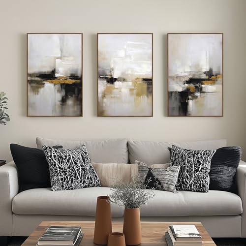 Zessonic Abstract Neutral Wall Art Black and Brown Grunge Framed Mid Century Modern Wabi Sabi Textured Canvas Painting Artwork for Living Room Bedroom Office- 3 Panels, 16x24 Inch, Ready to Hang - Image 2