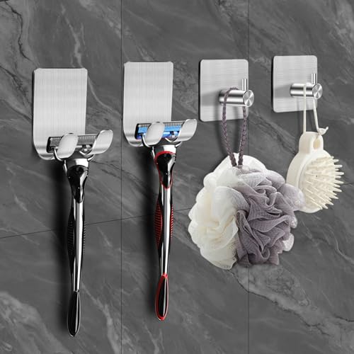 CGBE 4 Packs Shower Hooks for Inside Shower, Self Adhesive Shaver Holder Hanger Hook for Bathroom Damage Free Wall Hooks for Razor Loofah Sponge - Image 1