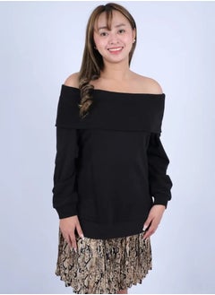 Women’s Off Shoulder Elastic Cuff Sleeves Jersey Dress in Black