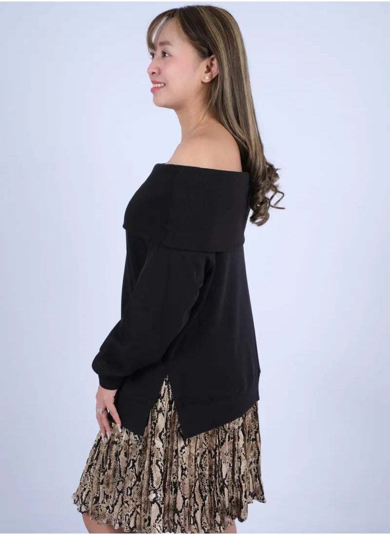 ONLY - Women’s Off Shoulder Elastic Cuff Sleeves Jersey Dress in Black - Image 1