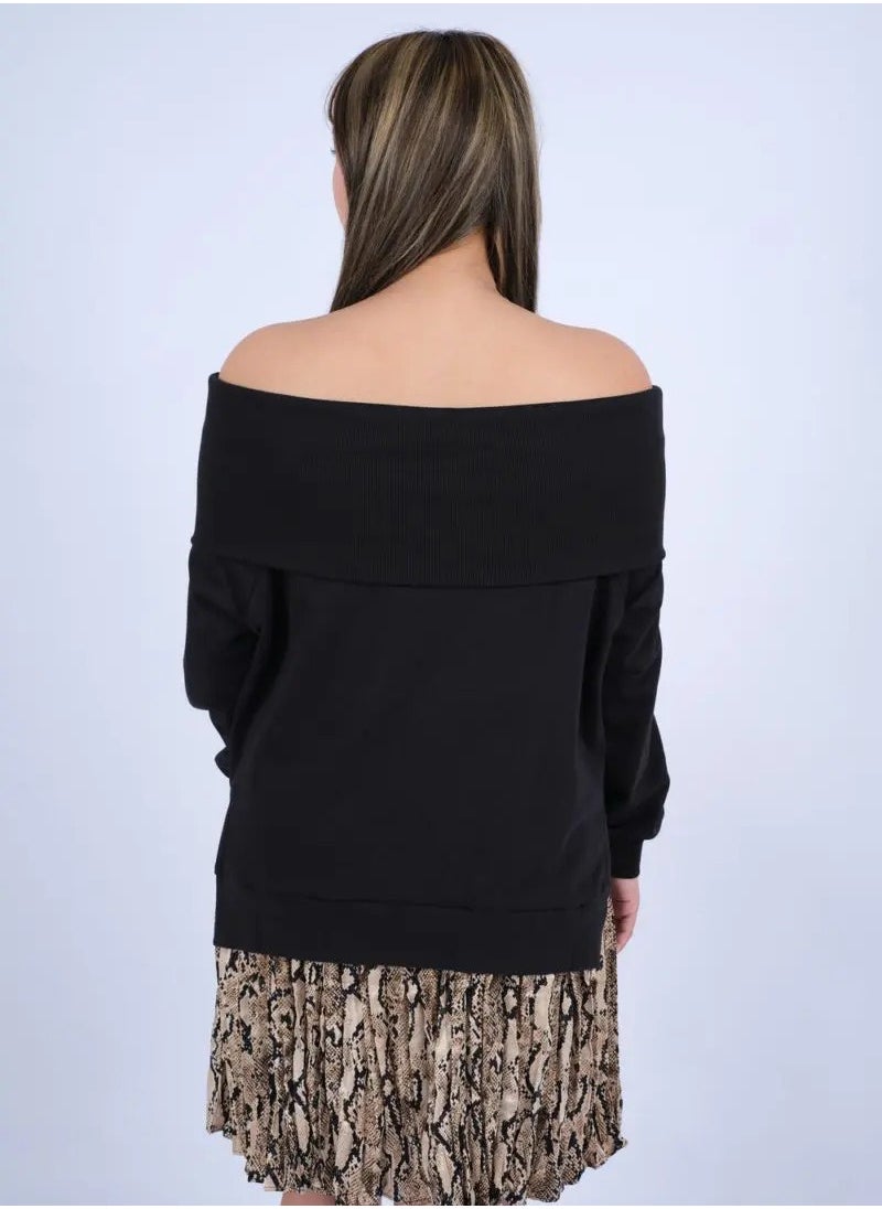 ONLY - Women’s Off Shoulder Elastic Cuff Sleeves Jersey Dress in Black - Image 1