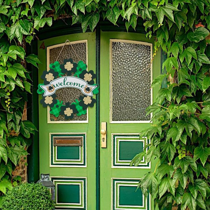 DECSPAS St Patricks Day Decorations, DECSPAS Wood Shamrock Hanging Welcome Wall Sign, Glitter Powder Saint Patricks Day Door Decor for Home, Lucky Festive St.Patrick's Day Wreaths for Front Door, Porch, Wall - Image 4