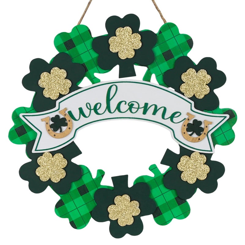 DECSPAS St Patricks Day Decorations, DECSPAS Wood Shamrock Hanging Welcome Wall Sign, Glitter Powder Saint Patricks Day Door Decor for Home, Lucky Festive St.Patrick's Day Wreaths for Front Door, Porch, Wall - Image 1