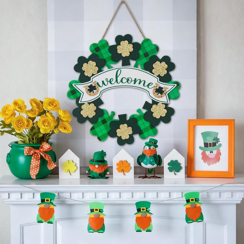 DECSPAS St Patricks Day Decorations, DECSPAS Wood Shamrock Hanging Welcome Wall Sign, Glitter Powder Saint Patricks Day Door Decor for Home, Lucky Festive St.Patrick's Day Wreaths for Front Door, Porch, Wall - Image 5