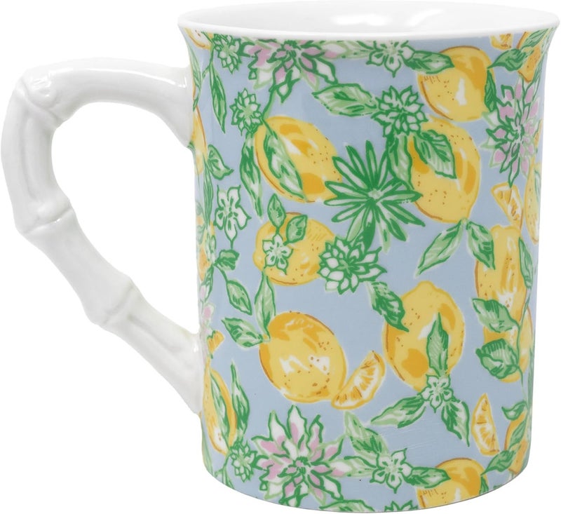 Lilly Pulitzer فنجان قهوة لطيف من ليلي بوليتر مع نمط الليمون، كوب شاي سيراميك مع مقبض من الخيزران، اصنع عصير الليمون - Image 1