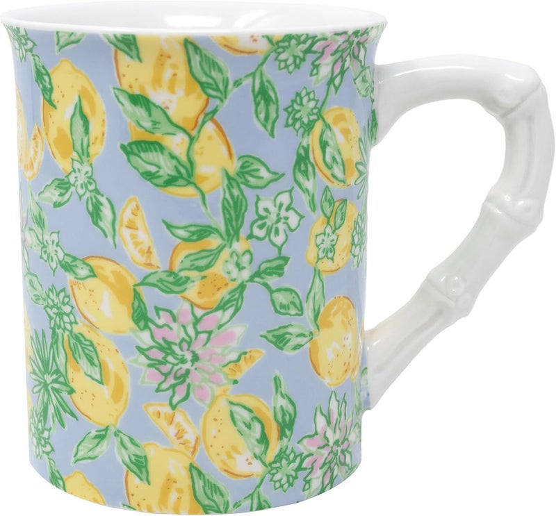 Lilly Pulitzer فنجان قهوة لطيف من ليلي بوليتر مع نمط الليمون، كوب شاي سيراميك مع مقبض من الخيزران، اصنع عصير الليمون - Image 2