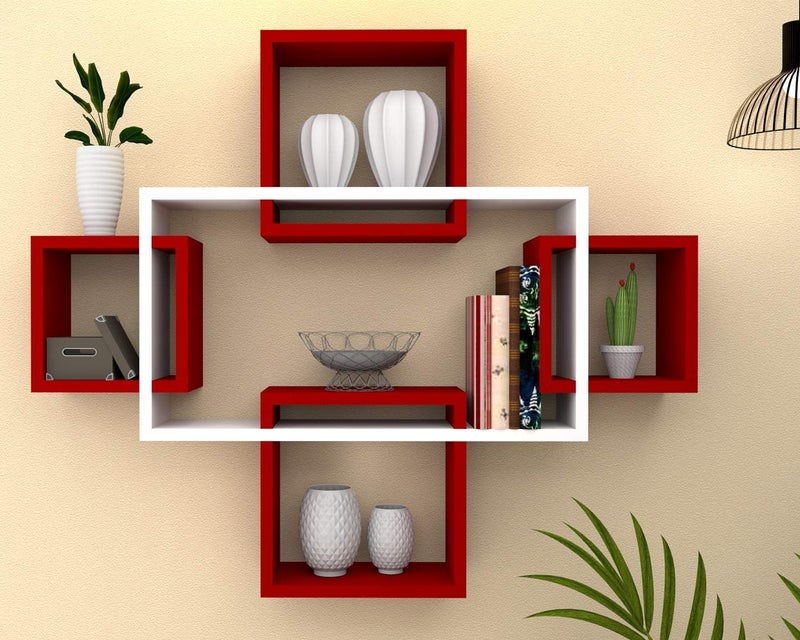 DDS Dream Decor Shoppee DDS Engineered Wood Wall Decor Floating Shelf Display Rack 5 intersecting Decorative Living Room Shelves Décor for Living Room Bed Rooms Hall Etc. (RED White) - Image 5
