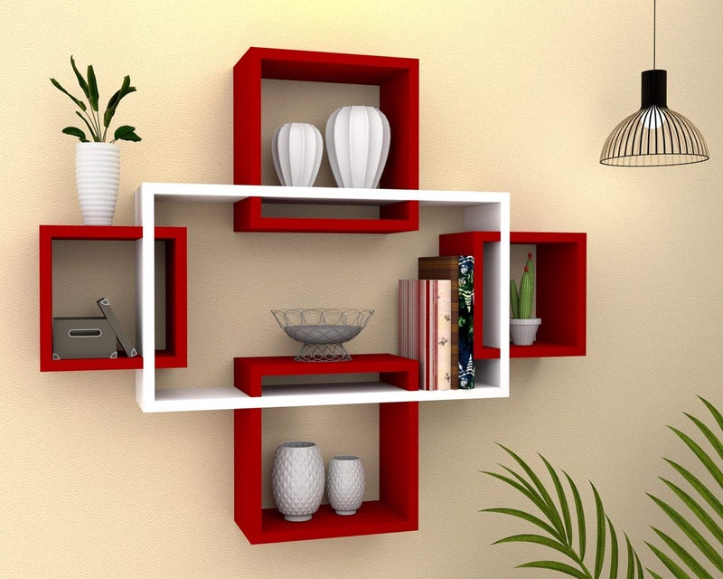 DDS Dream Decor Shoppee DDS Engineered Wood Wall Decor Floating Shelf Display Rack 5 intersecting Decorative Living Room Shelves Décor for Living Room Bed Rooms Hall Etc. (RED White) - Image 2