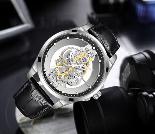 Gosasa Business Men Watch Double Sided Hollow Transparent Analog Display Stainless Steel Quartz Waterproof Creative Male Wrist Watch (Silver Black L) - Image 4
