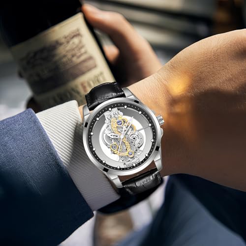Gosasa Business Men Watch Double Sided Hollow Transparent Analog Display Stainless Steel Quartz Waterproof Creative Male Wrist Watch (Silver Black L) - Image 2