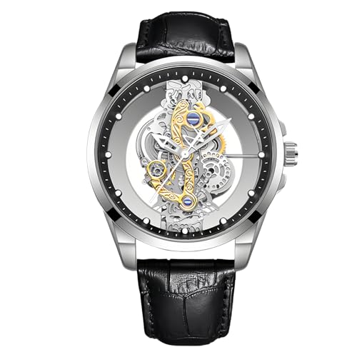 Gosasa Business Men Watch Double Sided Hollow Transparent Analog Display Stainless Steel Quartz Waterproof Creative Male Wrist Watch (Silver Black L) - Image 1