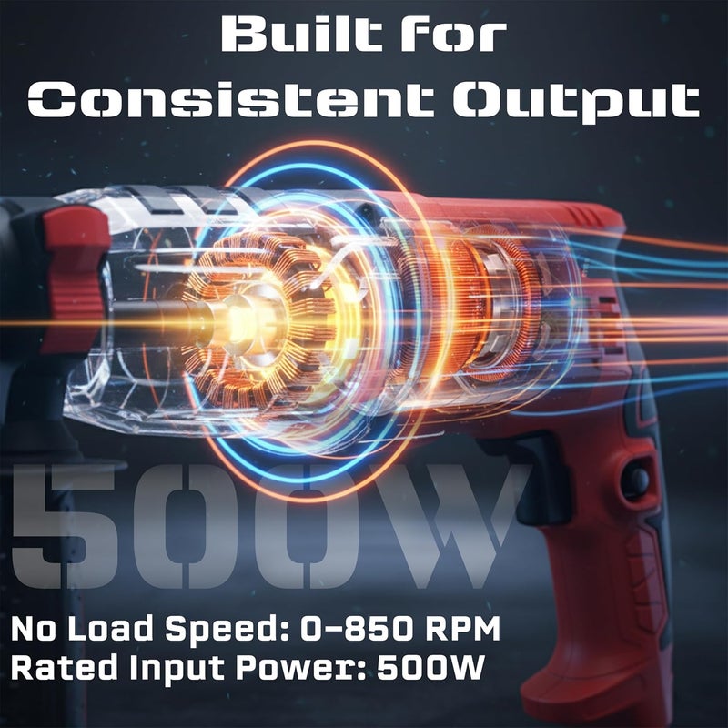 iBELL IBL RH20-39 Rotary Hammer Drill|500W,0-850 RPM,1.5J Impact Energy|SDS Plus&13mm Chuck|20mm Concrete Drilling|Forward/Reverse,Variable Speed Trigger - Image 3