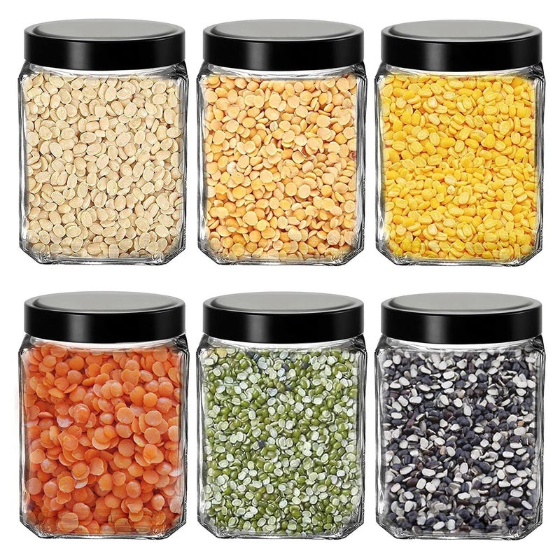 Vency Piramal Glass Cubical Square 600ml Transparent Glass Jars & Containers for Kitchen, Snacks, Masala, Jams, Pickles, Cookies, Dry Fruits, Coffee Storage with Black Plastic Lid (600ml, Set Of 6) - Image 5